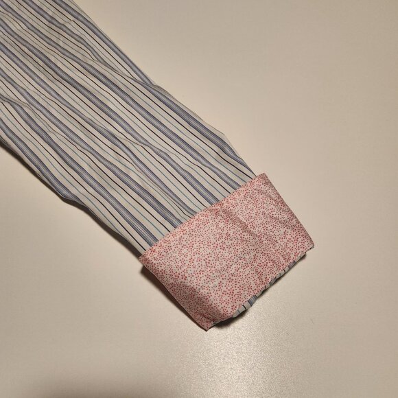 Egara Shirt Blue Striped Pink Flip Cuffs Modern Fit Stretch Mens Large - Picture 3 of 13